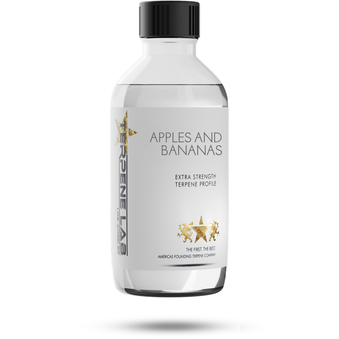 APPLES AND BANANAS Terpene profile. A bottle of organic terpenes recreating the aroma of APPLES AND BANANAS strain. Available in bulk with wholesale pricing. 25 ml, 100 ml, liters and gallons.