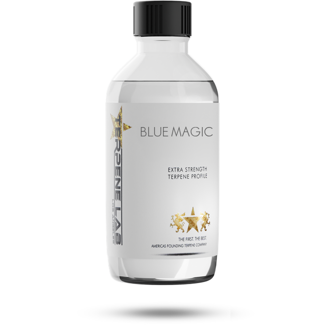 BLUE MAGIC Terpene profile. A bottle of organic terpenes recreating the aroma of BLUE MAGIC strain. Available in bulk with wholesale pricing. 25 ml, 100 ml, liters and gallons.