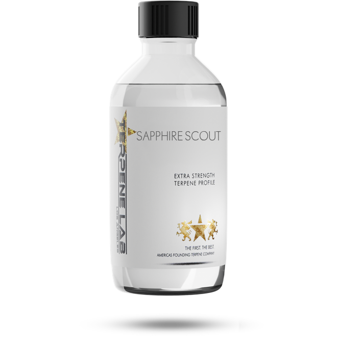 SAPPHIRE SCOUT Terpene profile. A bottle of organic terpenes recreating the aroma of SAPPHIRE SCOUT strain. Available in bulk with wholesale pricing. 25 ml, 100 ml, liters and gallons.